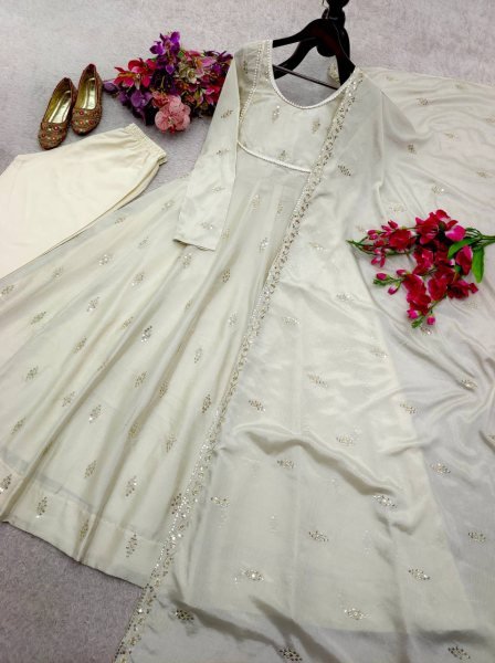 Glamorous Chinon Silk Embroidered Sequins Work Gown with Matching Pant   Sequins Dupatta at Wedding Wear Anarkali Kurtis 