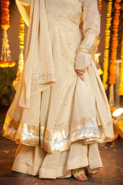 Glamorous Cream Foil Printed Kurti Palazzo Set for Festive Collection Anarkali Kurtis 