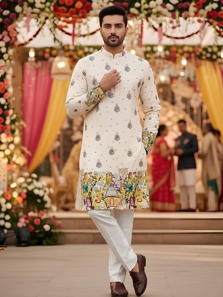 Glamorous Cream Men s Cotton Digital Printed Kurta with Crochet Embroidery Work Mens Wear