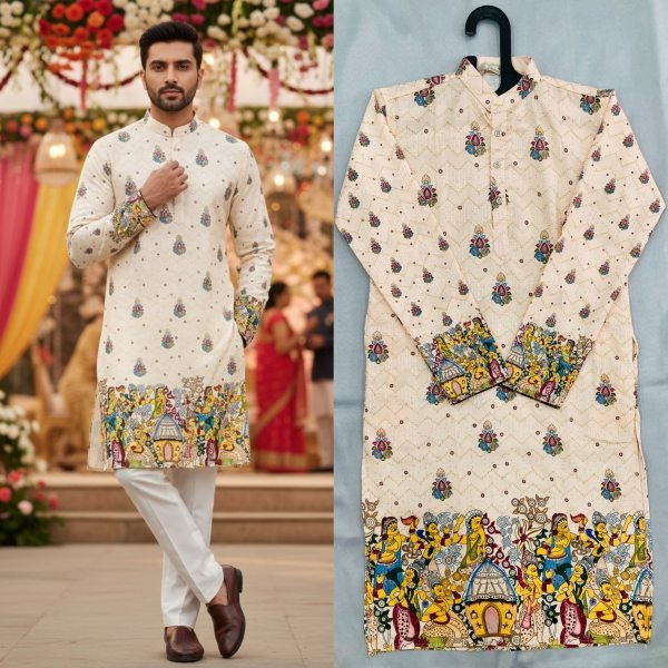 Glamorous Cream Men s Cotton Digital Printed Kurta with Crochet Embroidery Work Kurta Pajama Wholesale