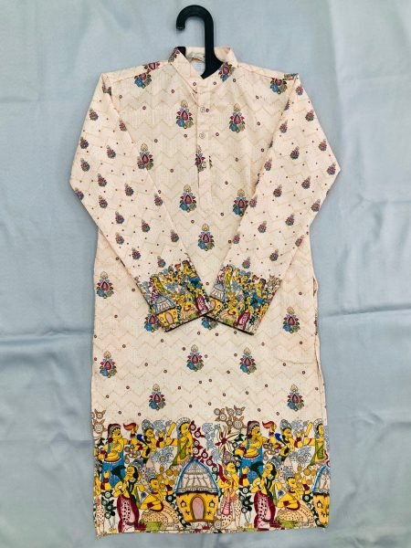 Glamorous Cream Men s Cotton Digital Printed Kurta with Crochet Embroidery Work Kurta Pajama Wholesale