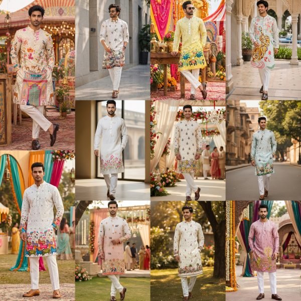 Glamorous Cream Men s Cotton Digital Printed Kurta with Crochet Embroidery Work Kurta Pajama Wholesale