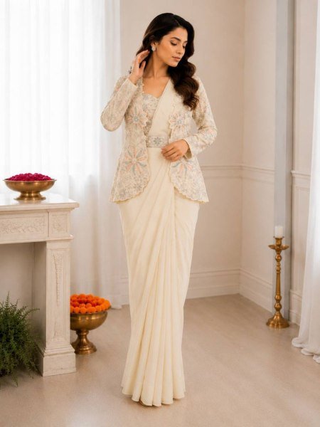 Glamorous Cream Ready to Wear Crepe Silk Saree with Embroidered Jacket and Belt 