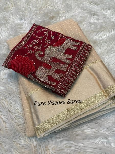 Glamorous Cream Stylish Viscose Saree with Satin Border for Party Wear Collection Designer Wedding Sarees Wholesale