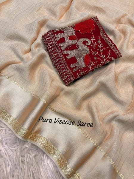 Glamorous Cream Stylish Viscose Saree with Satin Border for Party Wear Collection Designer Wedding Sarees Wholesale