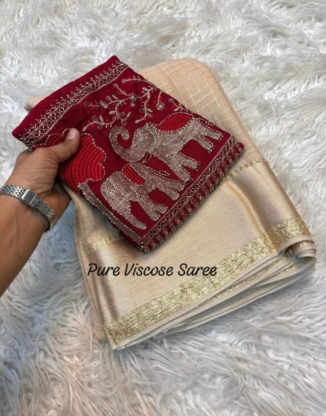 Glamorous Cream Stylish Viscose Saree with Satin Border for Party Wear Collection Designer Wedding Sarees Wholesale