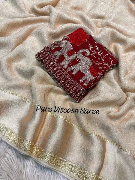 Glamorous Cream Stylish Viscose Saree with Satin Border for Party Wear Collection Designer Wedding Sarees Wholesale