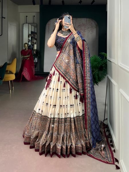 Glamorous Cream Tasar Silk Ajrak Print Lehenga with Mirror Work and Dupatta for Festival  Lehenga