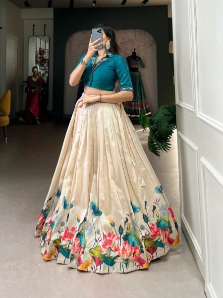 Glamorous Cream Tussar Silk Floral Print Lehenga Co-ord Set with Teal Blue Mirror Work Blouse  Lehenga
