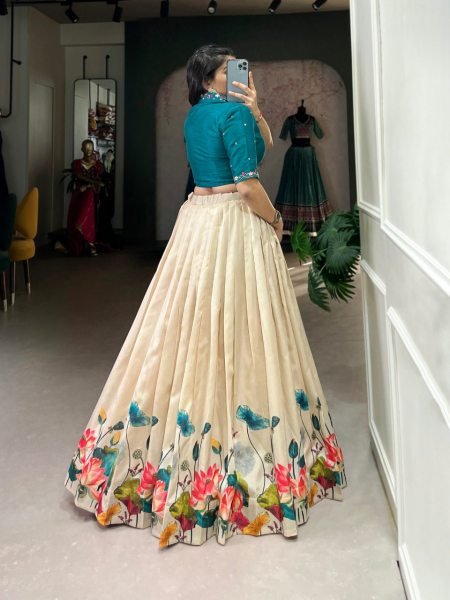 Glamorous Cream Tussar Silk Floral Print Lehenga Co-ord Set with Teal Blue Mirror Work Blouse Designer Lehenga Choli