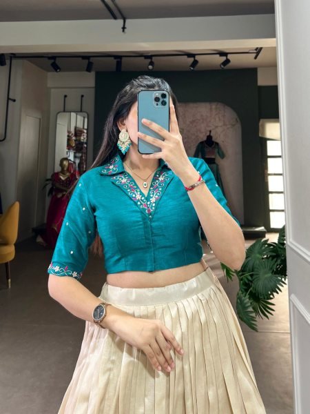 Glamorous Cream Tussar Silk Floral Print Lehenga Co-ord Set with Teal Blue Mirror Work Blouse Designer Lehenga Choli