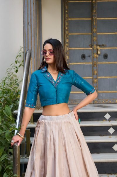 Glamorous Cream Tussar Silk Floral Print Lehenga Co-ord Set with Teal Blue Mirror Work Blouse Designer Lehenga Choli