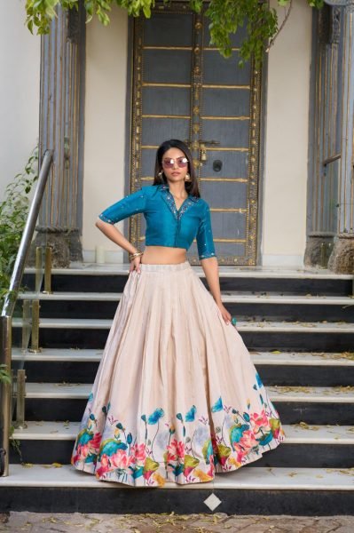 Glamorous Cream Tussar Silk Floral Print Lehenga Co-ord Set with Teal Blue Mirror Work Blouse Designer Lehenga Choli