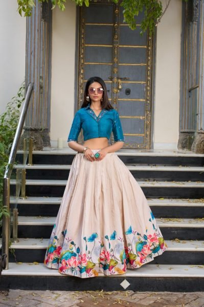 Glamorous Cream Tussar Silk Floral Print Lehenga Co-ord Set with Teal Blue Mirror Work Blouse Designer Lehenga Choli
