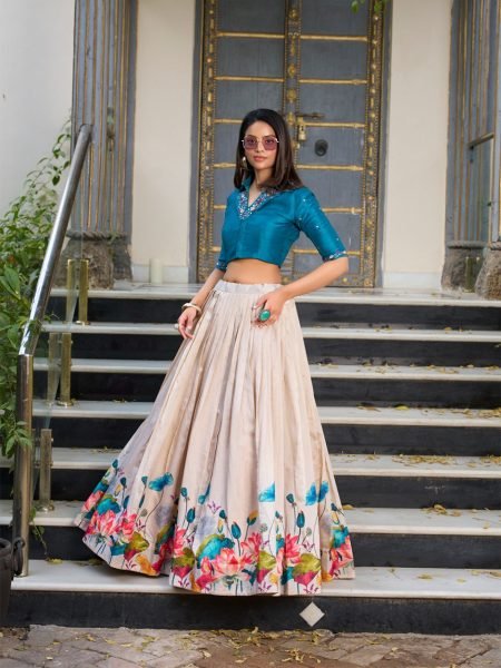 Glamorous Cream Tussar Silk Floral Print Lehenga Co-ord Set with Teal Blue Mirror Work Blouse Designer Lehenga Choli