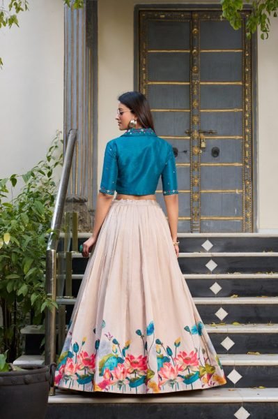 Glamorous Cream Tussar Silk Floral Print Lehenga Co-ord Set with Teal Blue Mirror Work Blouse Designer Lehenga Choli