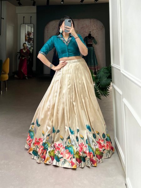 Glamorous Cream Tussar Silk Floral Print Lehenga Co-ord Set with Teal Blue Mirror Work Blouse Designer Lehenga Choli