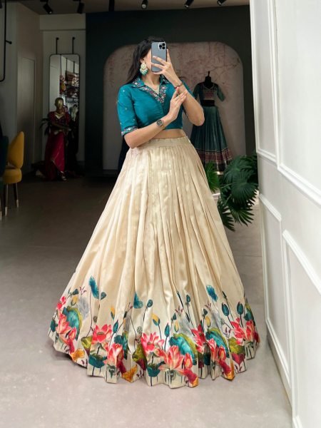 Glamorous Cream Tussar Silk Floral Print Lehenga Co-ord Set with Teal Blue Mirror Work Blouse Designer Lehenga Choli