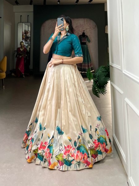 Glamorous Cream Tussar Silk Floral Print Lehenga Co-ord Set with Teal Blue Mirror Work Blouse Designer Lehenga Choli