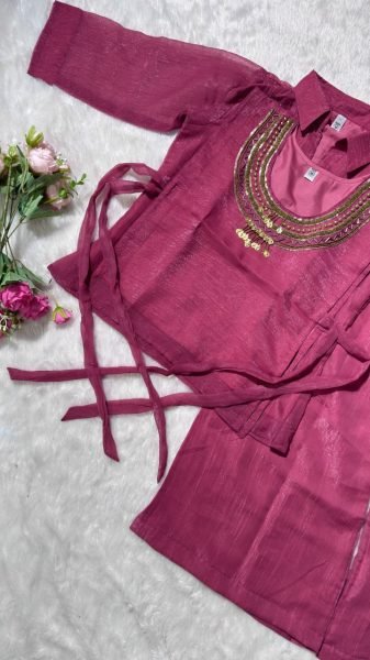 Glamorous Dusty Pink Crunchy Silk Three Piece Co Ord Set with Adjustable Drawstring and Plazzo 3 Piece Kurti Set
