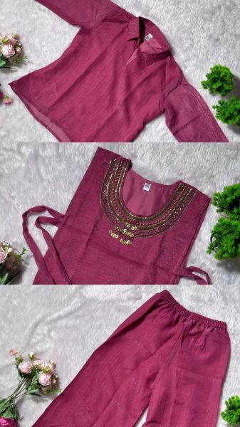 Glamorous Dusty Pink Crunchy Silk Three Piece Co Ord Set with Adjustable Drawstring and Plazzo 3 Piece Kurti Set