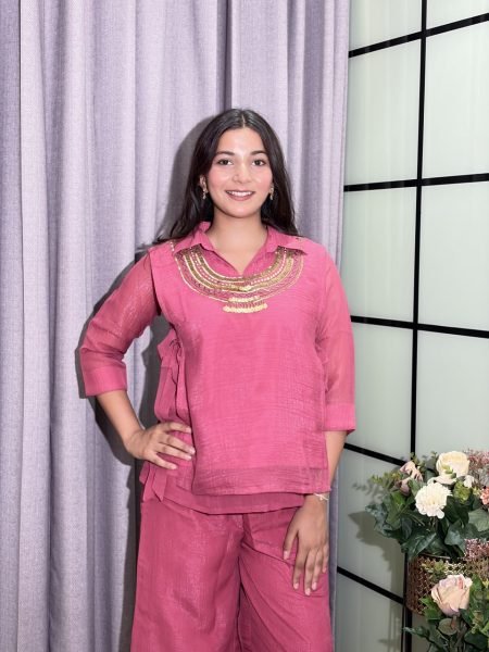 Glamorous Dusty Pink Crunchy Silk Three Piece Co Ord Set with Adjustable Drawstring and Plazzo 3 Piece Kurti Set