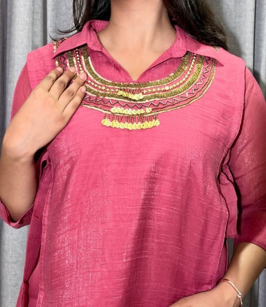 Glamorous Dusty Pink Crunchy Silk Three Piece Co Ord Set with Adjustable Drawstring and Plazzo 3 Piece Kurti Set