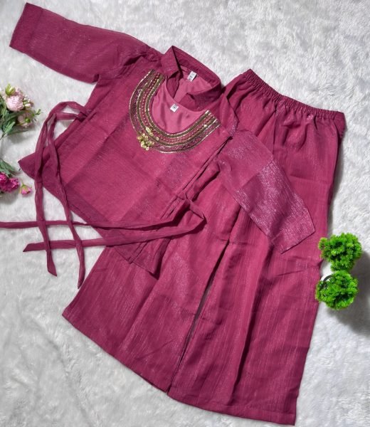 Glamorous Dusty Pink Crunchy Silk Three Piece Co Ord Set with Adjustable Drawstring and Plazzo 3 Piece Kurti Set
