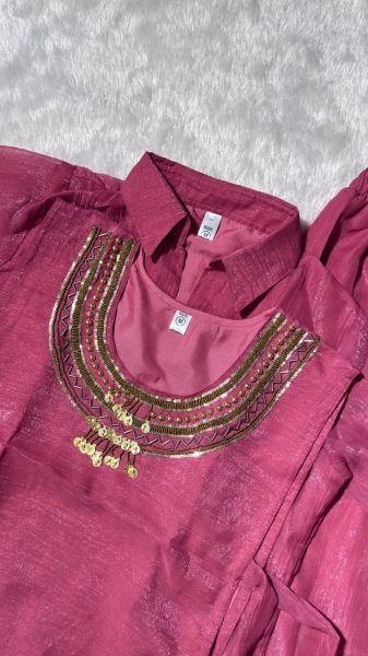 Glamorous Dusty Pink Crunchy Silk Three Piece Co Ord Set with Adjustable Drawstring and Plazzo 3 Piece Kurti Set