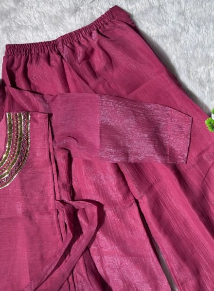 Glamorous Dusty Pink Crunchy Silk Three Piece Co Ord Set with Adjustable Drawstring and Plazzo 3 Piece Kurti Set