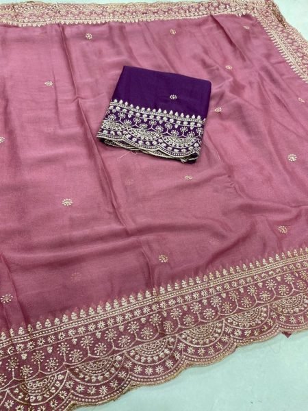 Glamorous Dusty Rose Designer Saree with Heavy Embroidery Work and Modern Ethnic Look Embroidery Sarees Wholesale