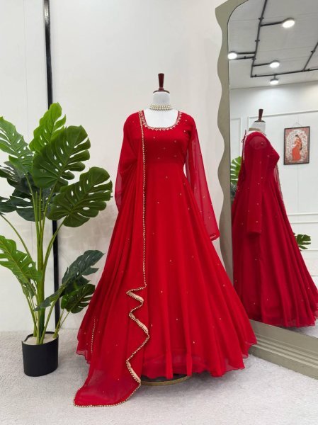 Glamorous Faux Georgette Diamond Work Suit Set with Lace Dupatta for Function Wear Plus Size Kurti / Gown