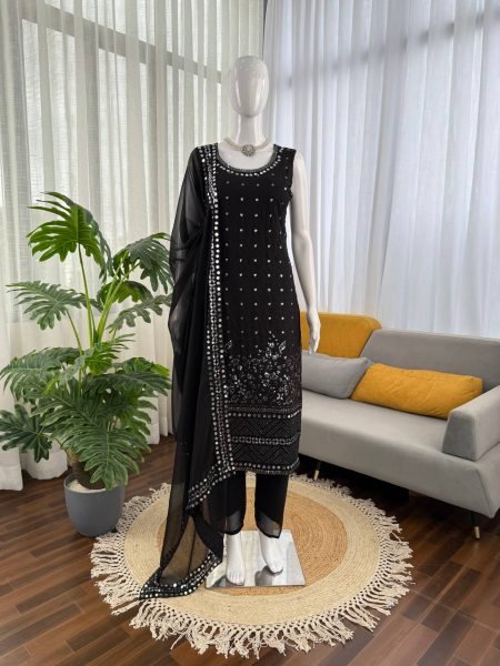 Glamorous Georgette Embroidered and Mirror Work Top Pant with Dupatta for Party Wear  Straight Cut Long Kurtis