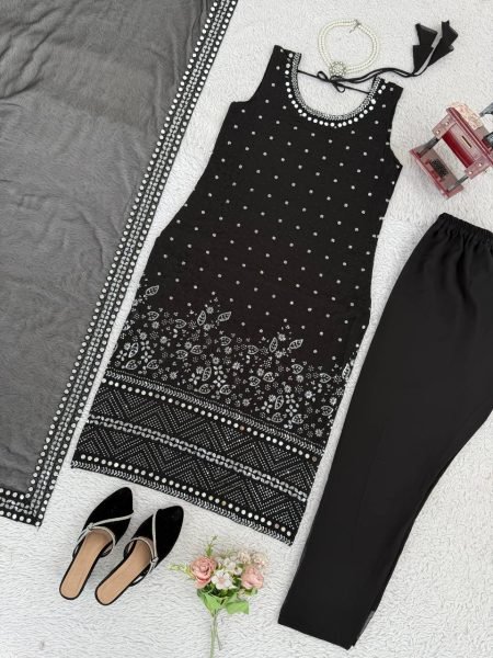 Glamorous Georgette Embroidered and Mirror Work Top Pant with Dupatta for Party Wear  Straight Cut Long Kurtis