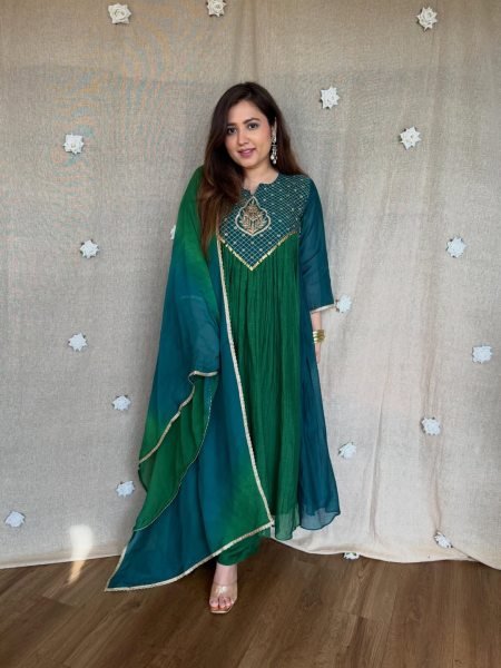 Glamorous Green Designer Mal Chanderi Anarkali Suit with Hand Work and Golden Yoke Anarkali Kurtis 