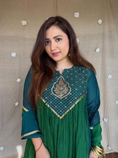 Glamorous Green Designer Mal Chanderi Anarkali Suit with Hand Work and Golden Yoke Anarkali Kurtis 