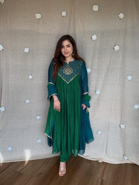 Glamorous Green Designer Mal Chanderi Anarkali Suit with Hand Work and Golden Yoke Anarkali Kurtis 