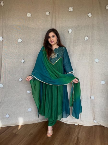 Glamorous Green Designer Mal Chanderi Anarkali Suit with Hand Work and Golden Yoke Anarkali Kurtis 