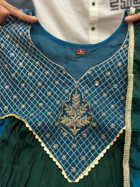 Glamorous Green Designer Mal Chanderi Anarkali Suit with Hand Work and Golden Yoke Anarkali Kurtis 