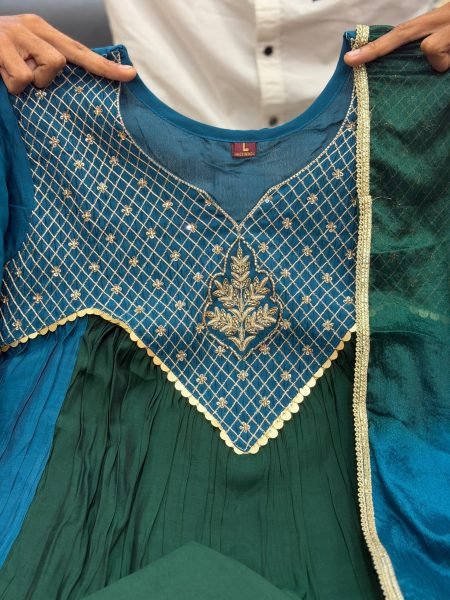Glamorous Green Designer Mal Chanderi Anarkali Suit with Hand Work and Golden Yoke Anarkali Kurtis 