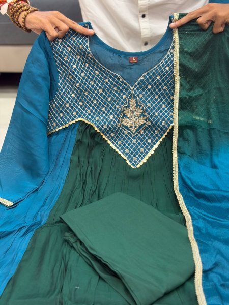 Glamorous Green Designer Mal Chanderi Anarkali Suit with Hand Work and Golden Yoke Anarkali Kurtis 