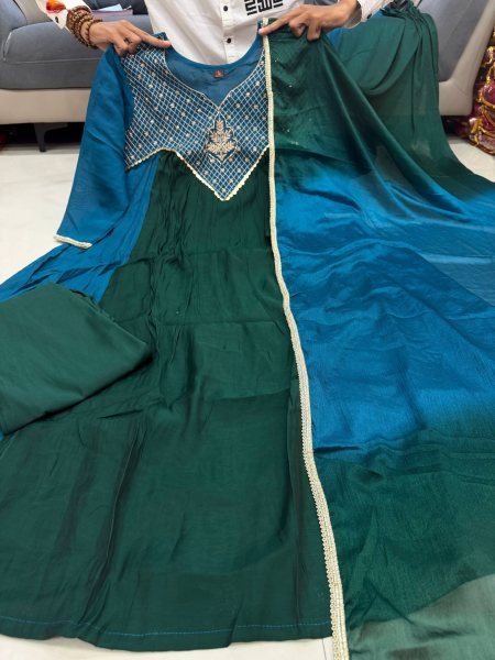 Glamorous Green Designer Mal Chanderi Anarkali Suit with Hand Work and Golden Yoke Anarkali Kurtis 