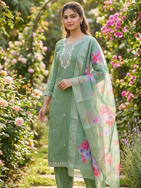 Glamorous Green Slub Cotton Suit Set with Embroidery Work for Daily Wear Kurtis