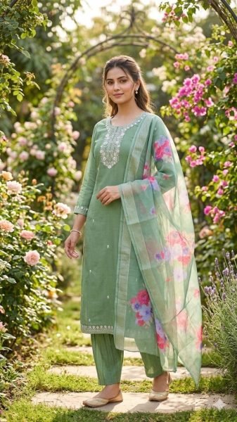 Glamorous Green Slub Cotton Suit Set with Embroidery Work for Daily Wear Embroidery Kurtis 