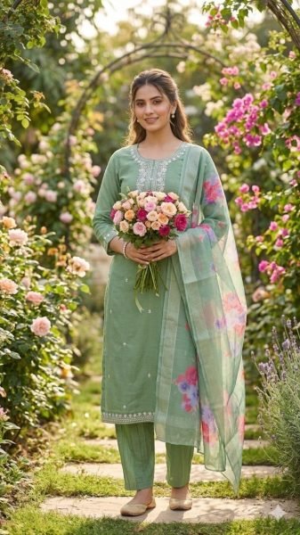 Glamorous Green Slub Cotton Suit Set with Embroidery Work for Daily Wear Embroidery Kurtis 