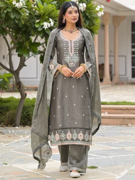 Glamorous Grey Designer Crush Satin Top Plazo Dupatta Set with Beads Work Salwar Kameez