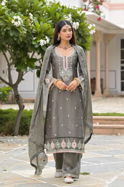 Glamorous Grey Designer Crush Satin Top Plazo Dupatta Set with Beads Work Churidar Salwar Suits Wholesale