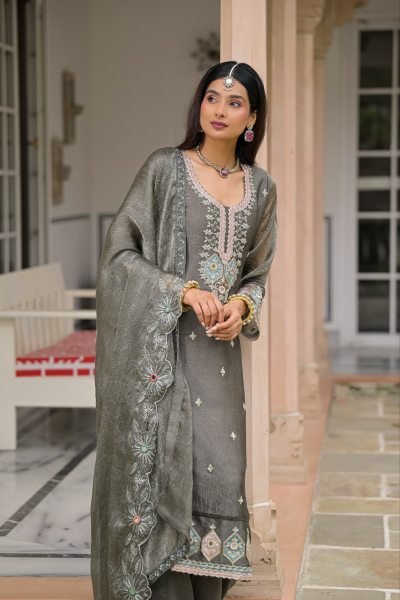 Glamorous Grey Designer Crush Satin Top Plazo Dupatta Set with Beads Work Churidar Salwar Suits Wholesale