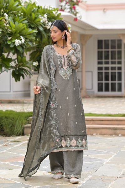 Glamorous Grey Designer Crush Satin Top Plazo Dupatta Set with Beads Work Churidar Salwar Suits Wholesale