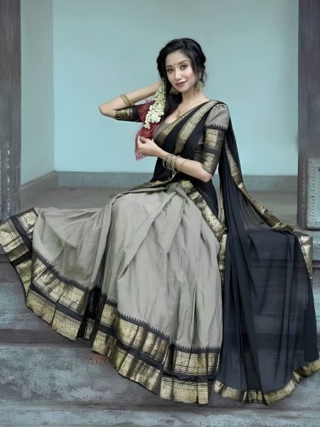 Glamorous Grey Kanjivaram Silk Half Saree Set with Designer Banarasi Dupatta  Lehenga